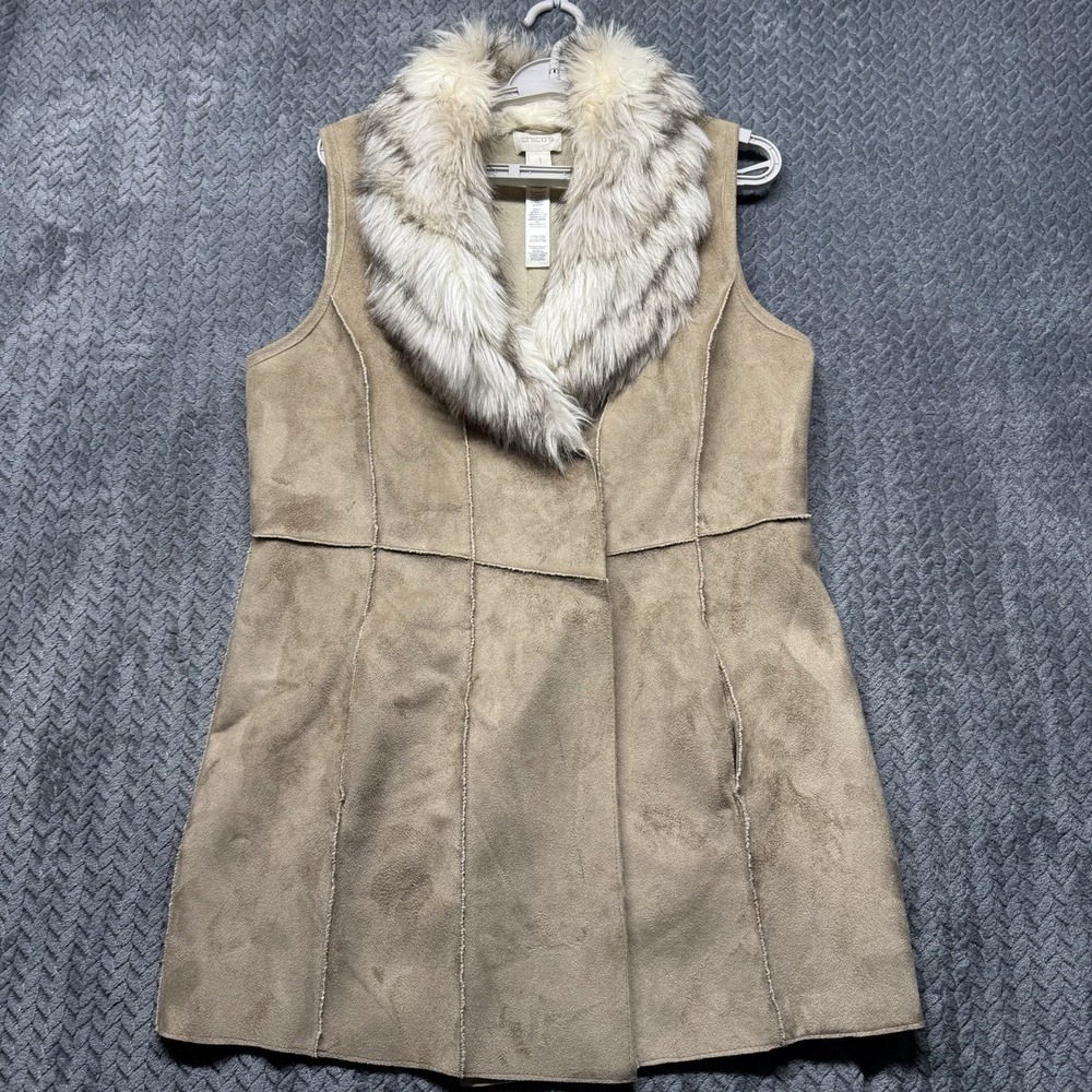 Chicos‎ Faux Suede Vest Women's Size 1 Medium Faux Fur Trim Open Front Beige